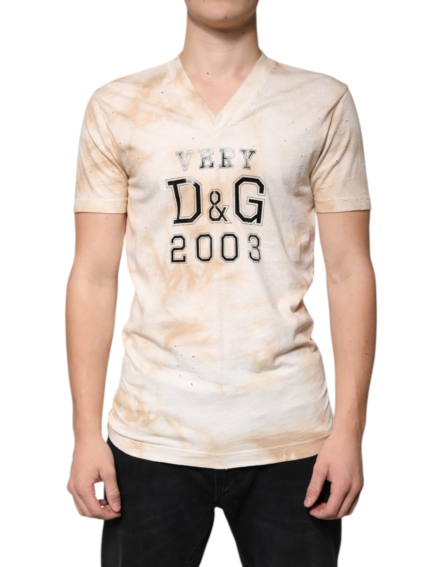 Dolce & Gabbana T-shirt in cotone con scollo a V e stampa grafica beige