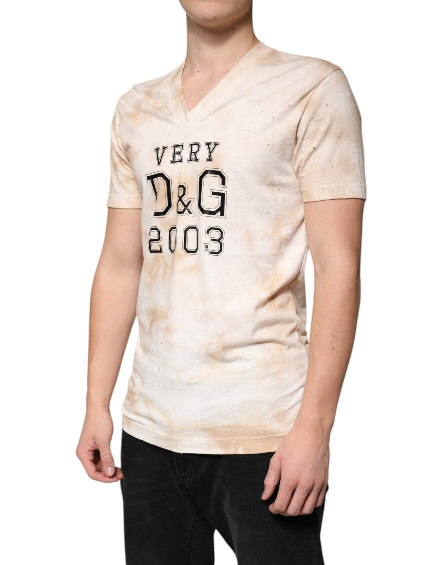 Dolce & Gabbana T-shirt in cotone con scollo a V e stampa grafica beige