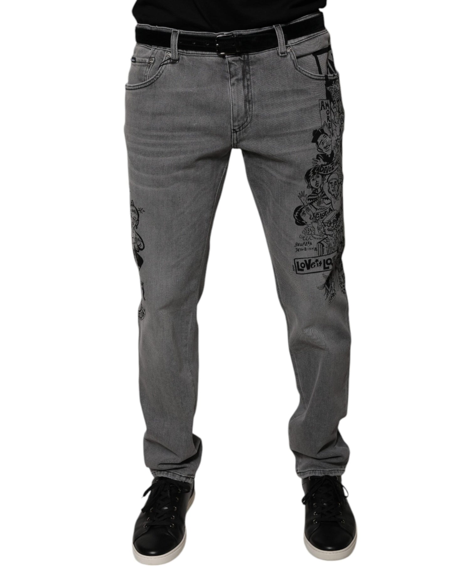 Jeans aderenti in denim di cotone con stampa grafica grigia Dolce & Gabbana