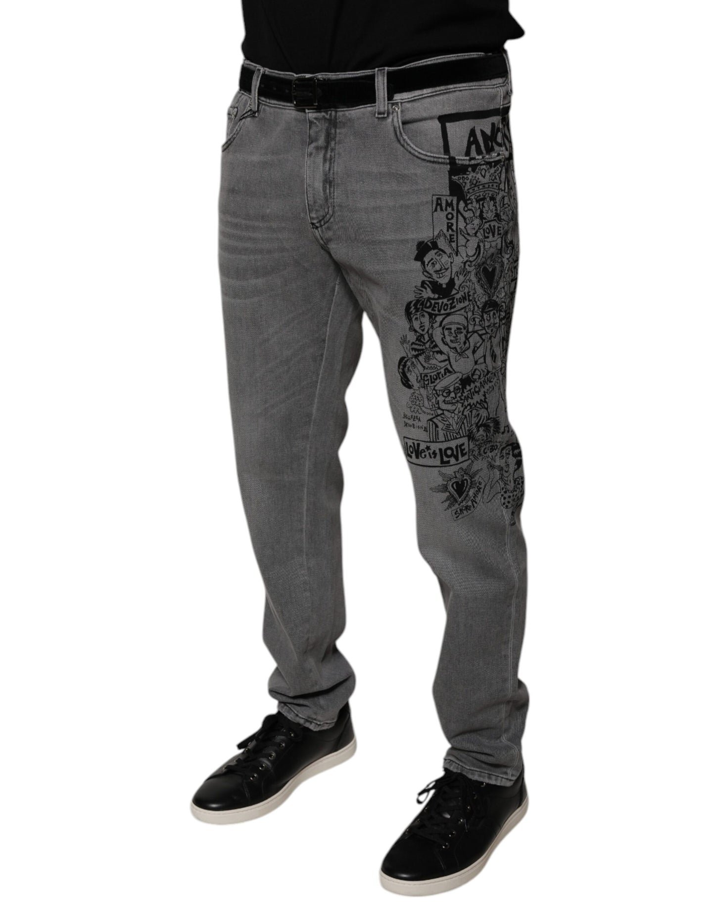Jeans aderenti in denim di cotone con stampa grafica grigia Dolce & Gabbana