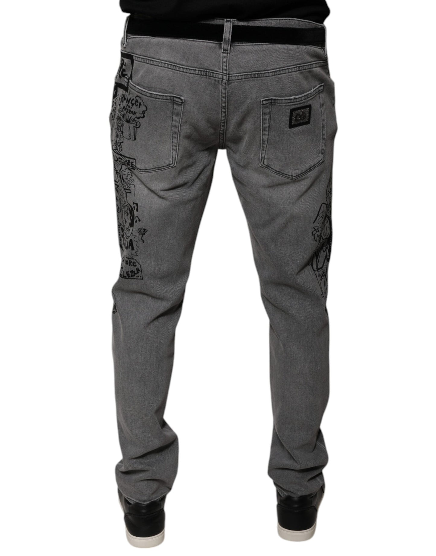 Jeans aderenti in denim di cotone con stampa grafica grigia Dolce & Gabbana