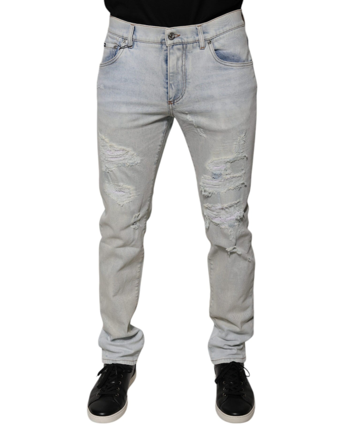 Jeans aderenti in denim strappato in misto cotone azzurro chiaro Dolce & Gabbana