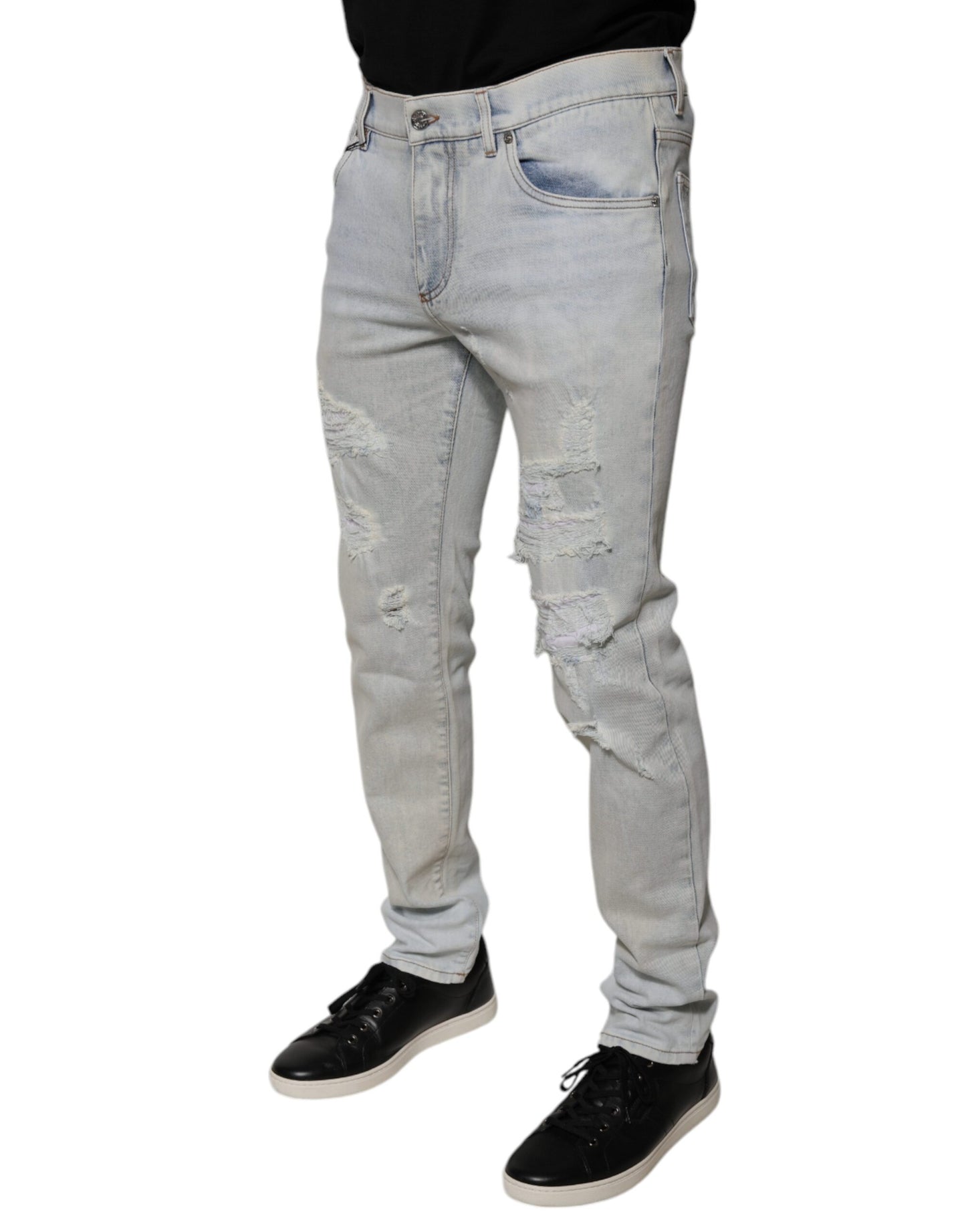 Jeans aderenti in denim strappato in misto cotone azzurro chiaro Dolce & Gabbana