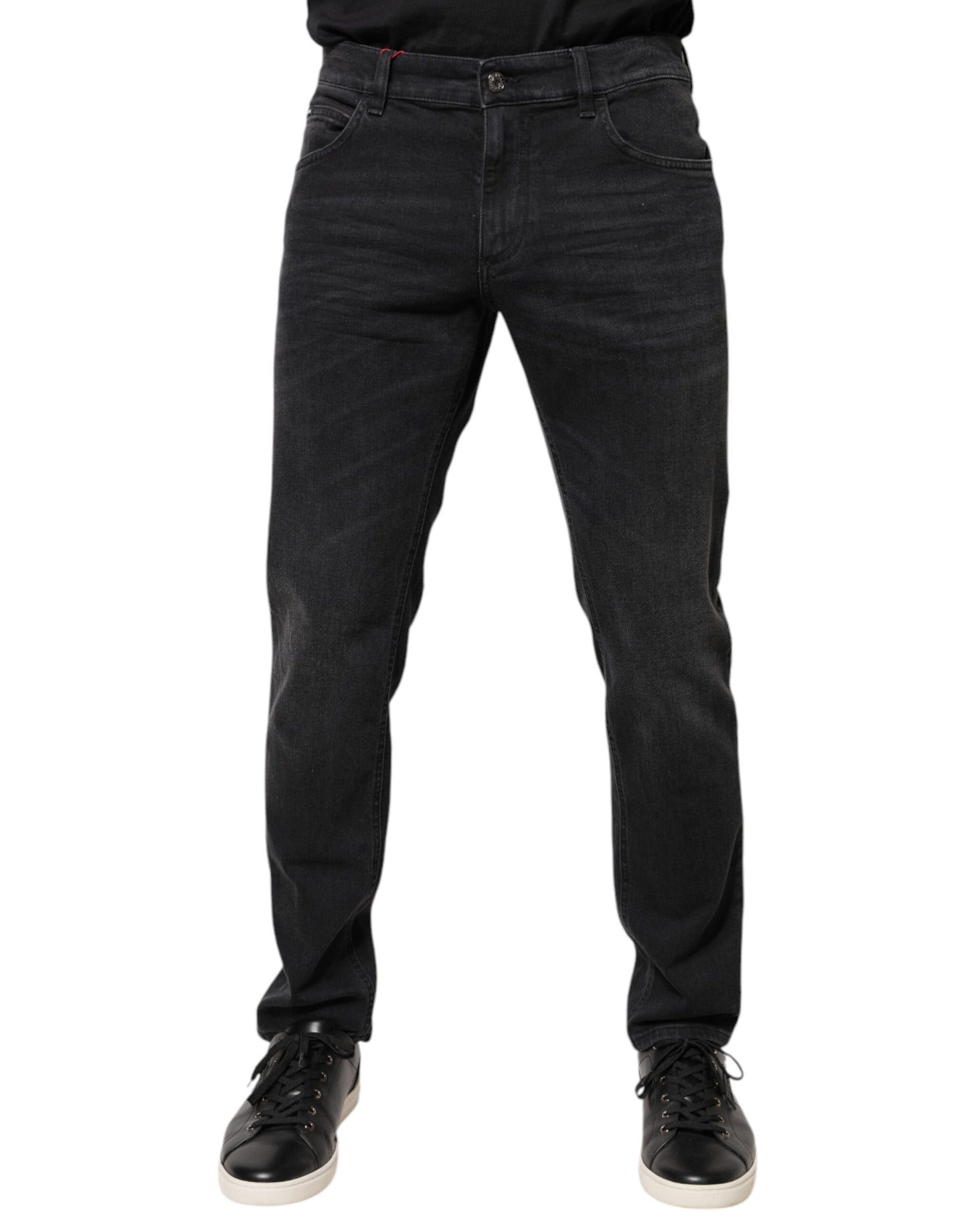 Dolce & Gabbana Jeans in denim regolare con placca logo in cotone nero