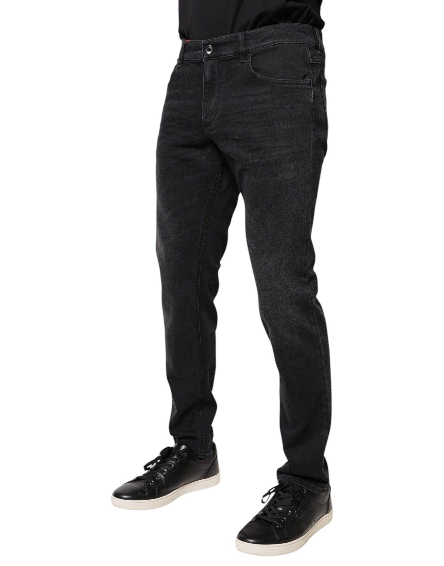 Dolce & Gabbana Jeans in denim regolare con placca logo in cotone nero