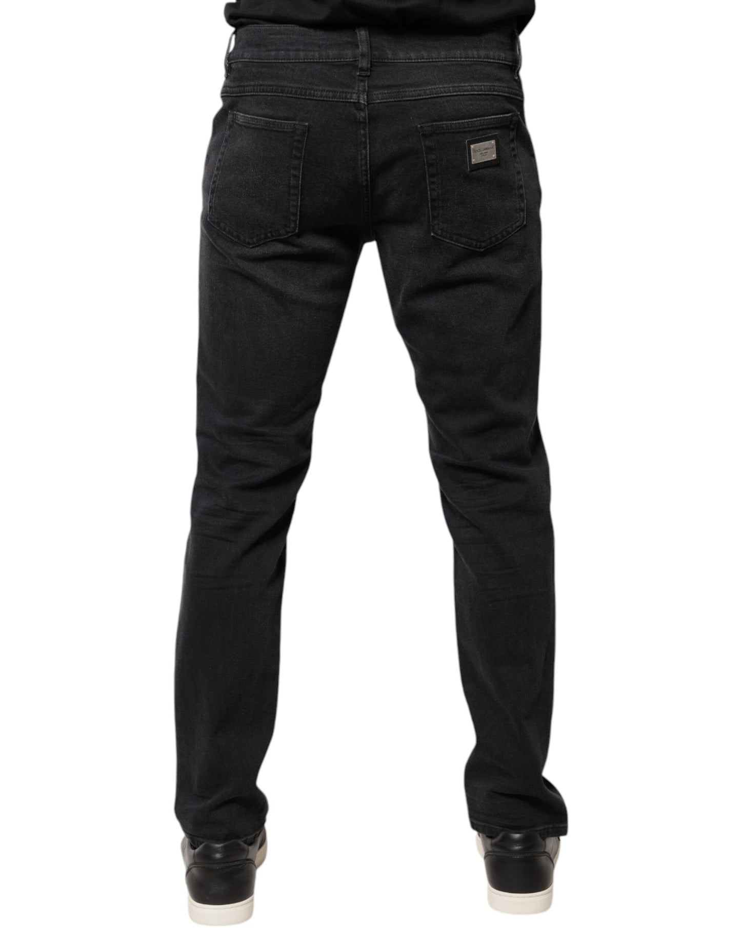 Dolce & Gabbana Jeans in denim regolare con placca logo in cotone nero