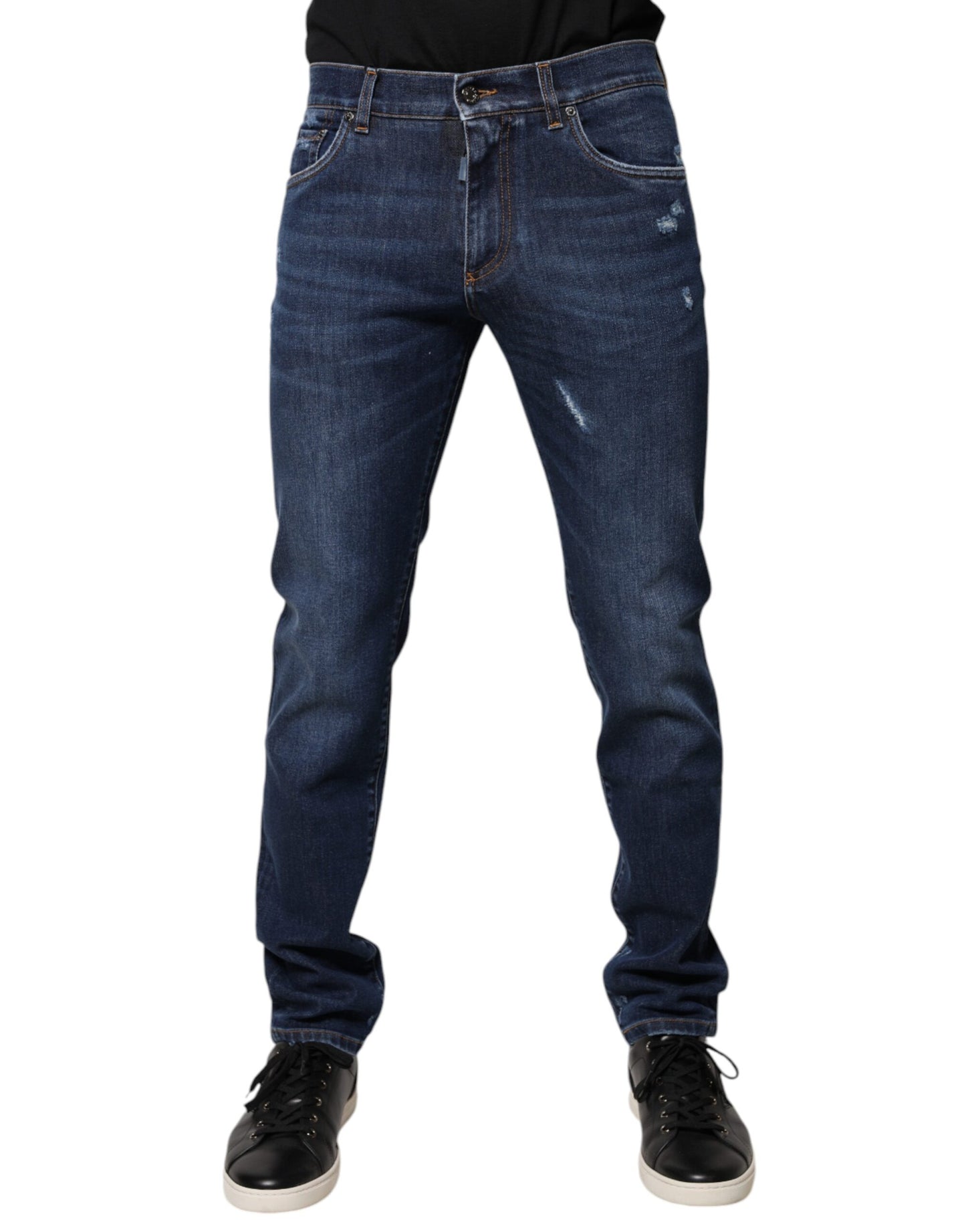 Jeans slim fit in denim con stampa logo in cotone blu Dolce & Gabbana