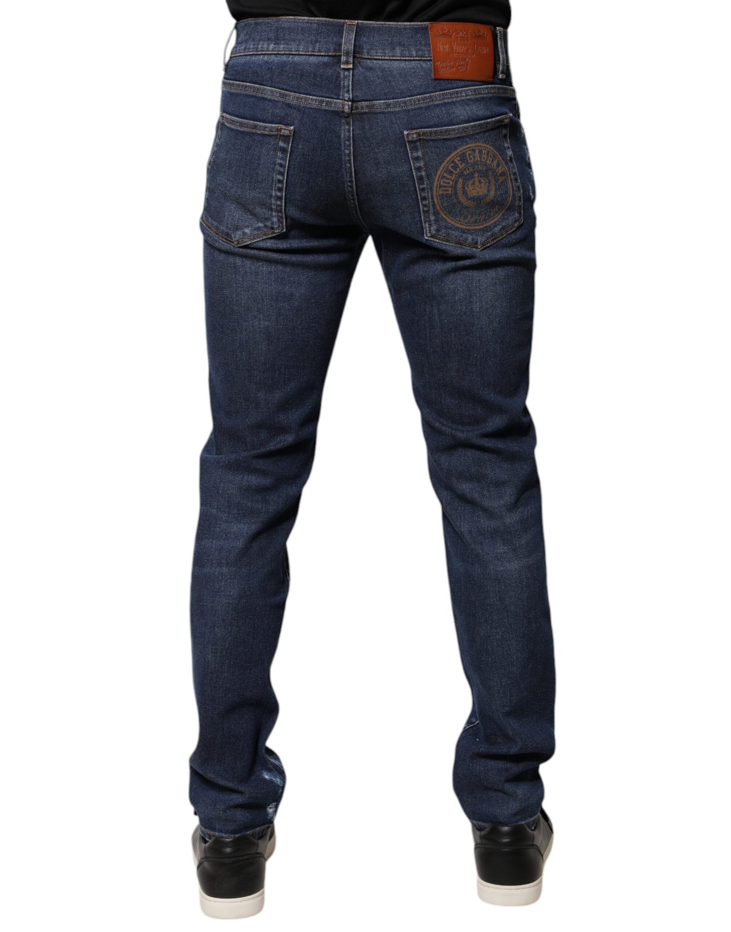 Jeans slim fit in denim con stampa logo in cotone blu Dolce & Gabbana
