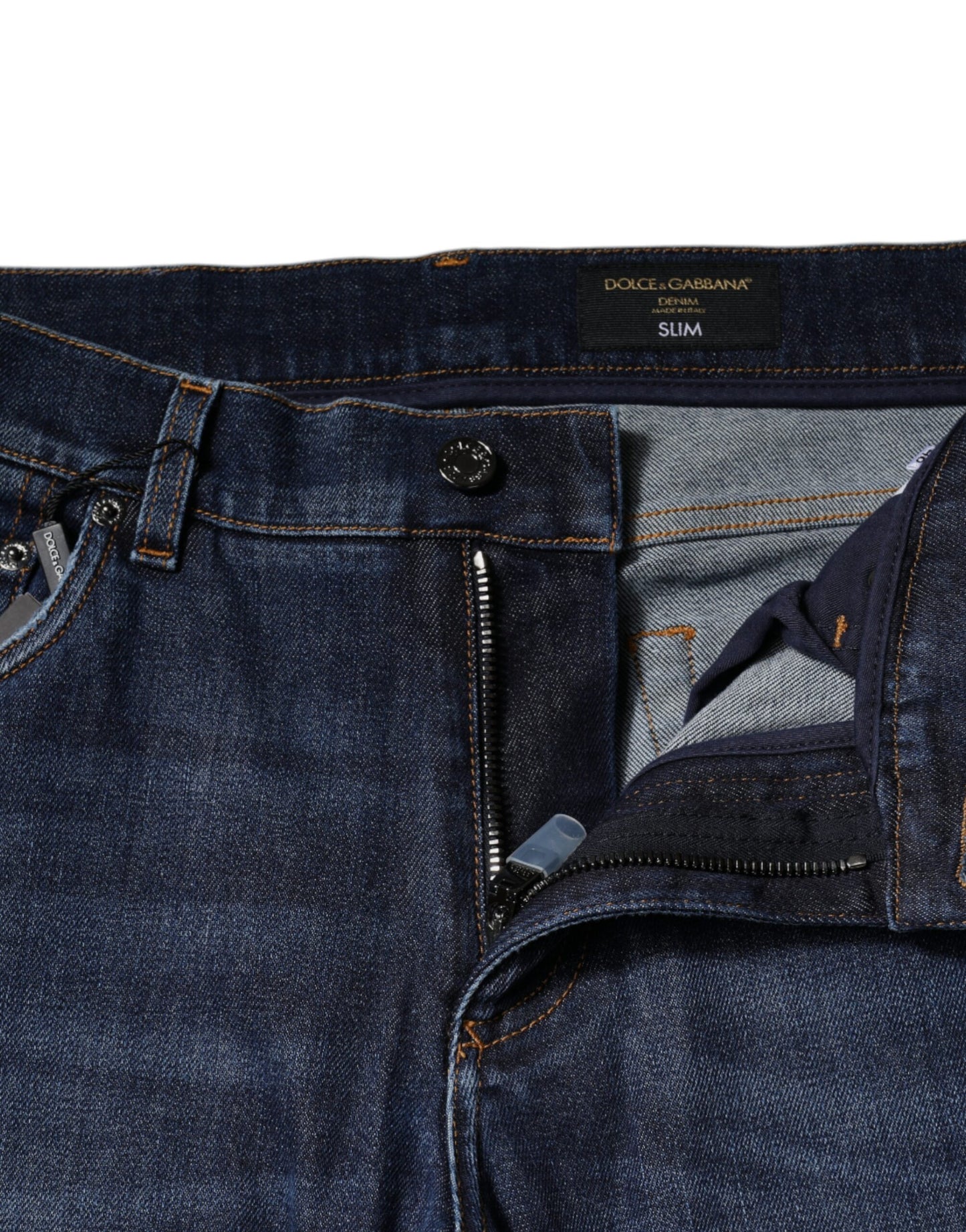 Jeans slim fit in denim con stampa logo in cotone blu Dolce & Gabbana