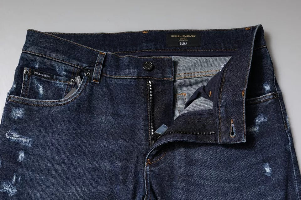 Jeans slim fit in denim con stampa logo in cotone blu Dolce & Gabbana