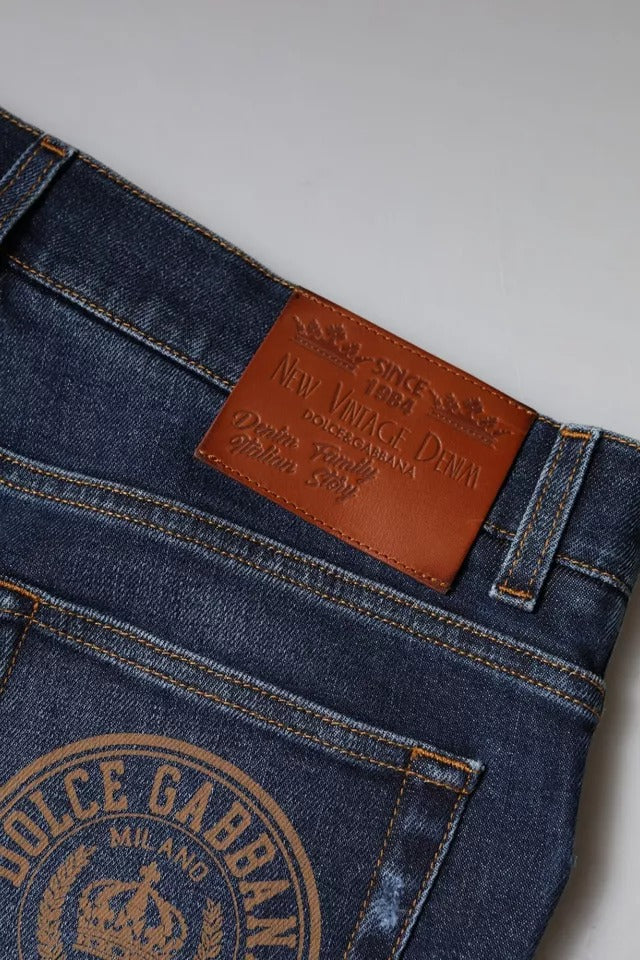 Jeans slim fit in denim con stampa logo in cotone blu Dolce & Gabbana