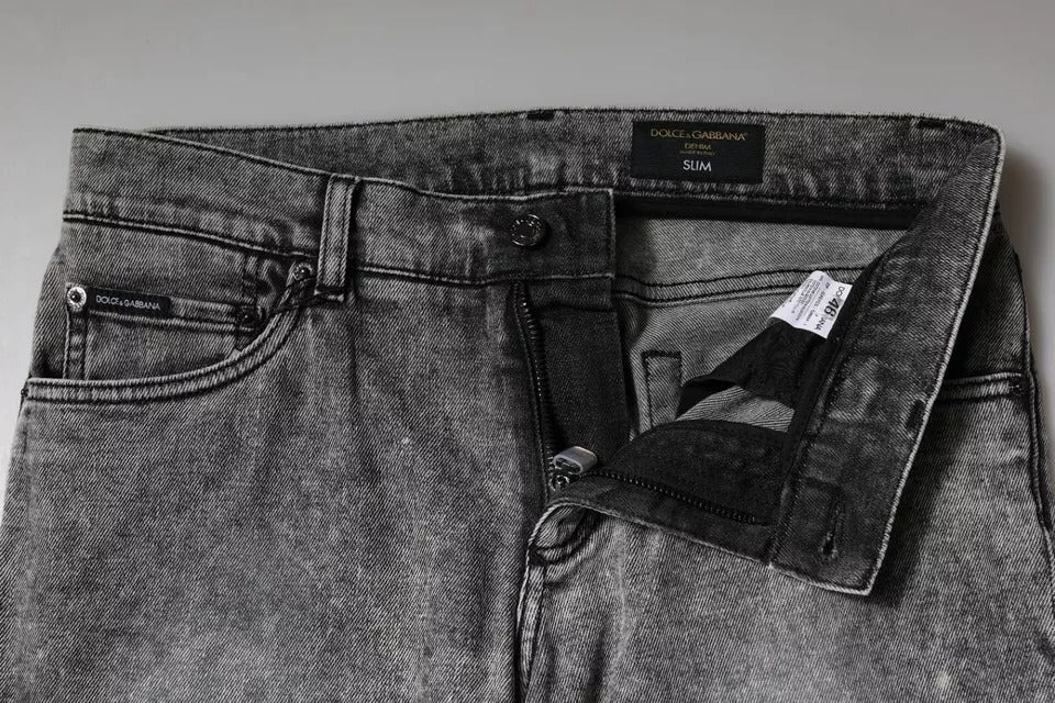 Jeans in denim slim fit in cotone con placca logo grigio Dolce & Gabbana