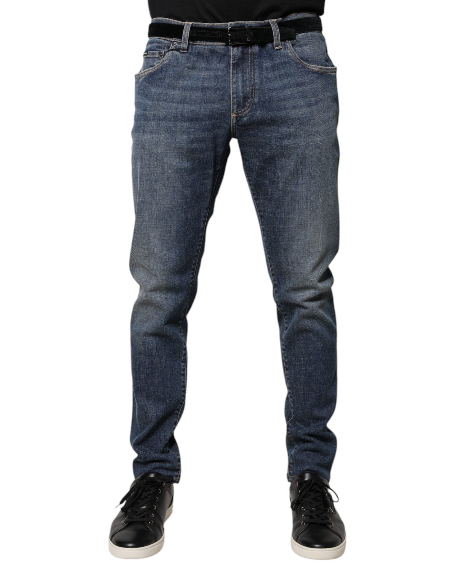 Jeans aderenti in denim di cotone con placca logo blu Dolce & Gabbana