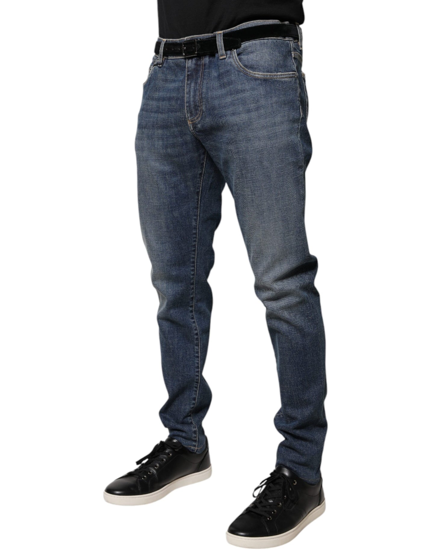 Jeans aderenti in denim di cotone con placca logo blu Dolce & Gabbana