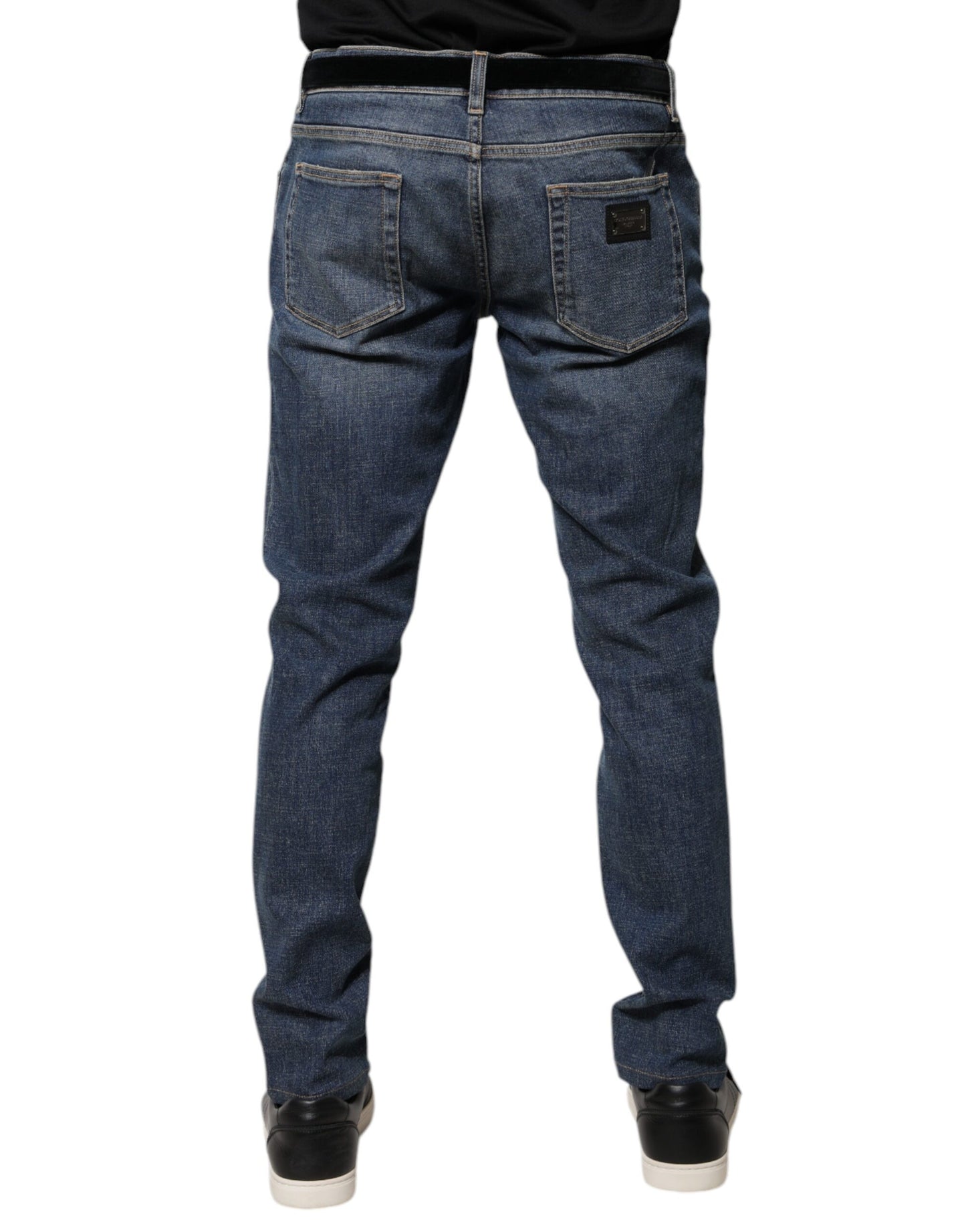 Jeans aderenti in denim di cotone con placca logo blu Dolce & Gabbana