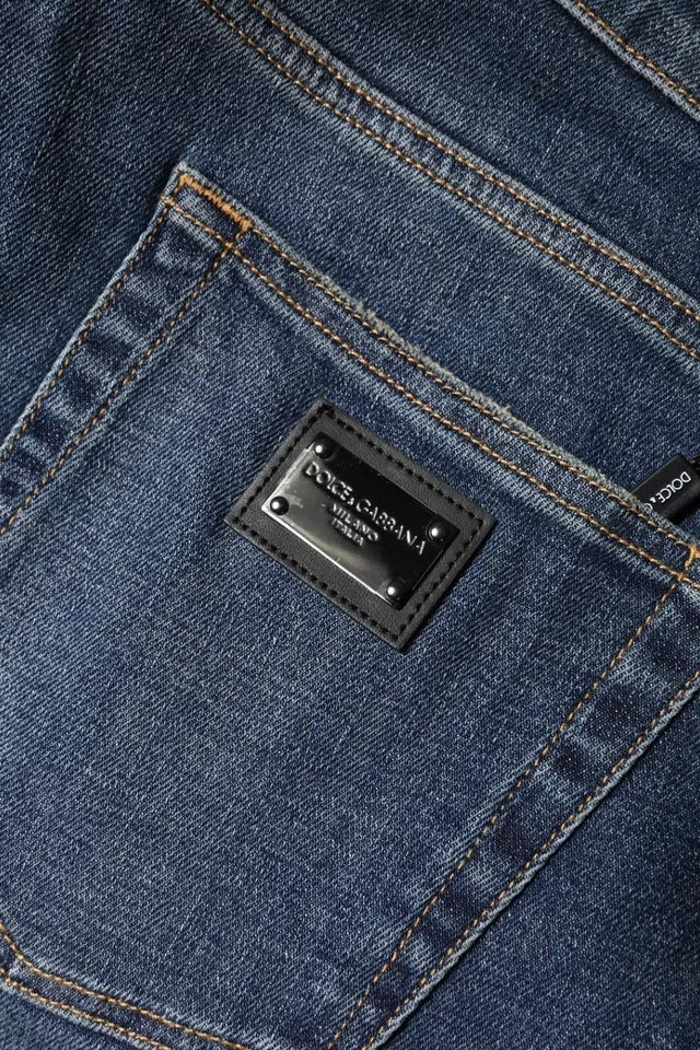Jeans aderenti in denim di cotone con placca logo blu Dolce & Gabbana