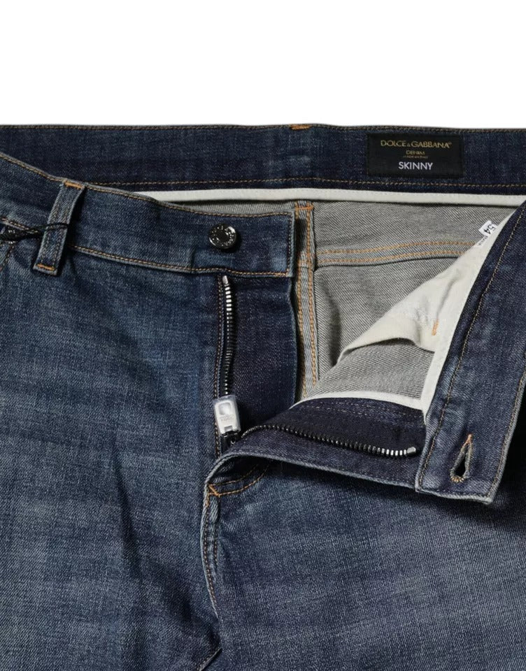 Jeans aderenti in denim di cotone con placca logo blu Dolce & Gabbana