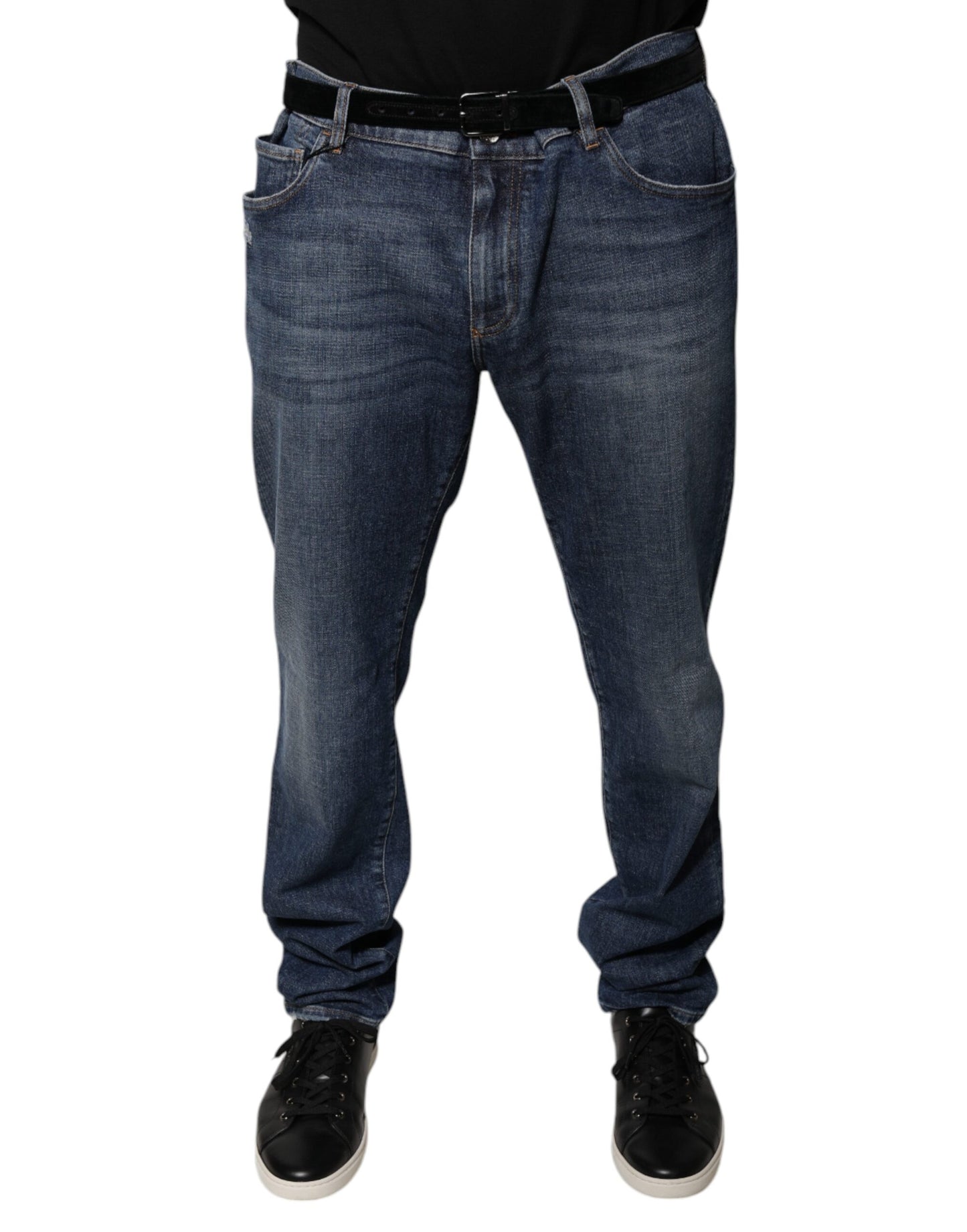 Jeans aderenti in denim con logo in cotone blu scuro Dolce & Gabbana