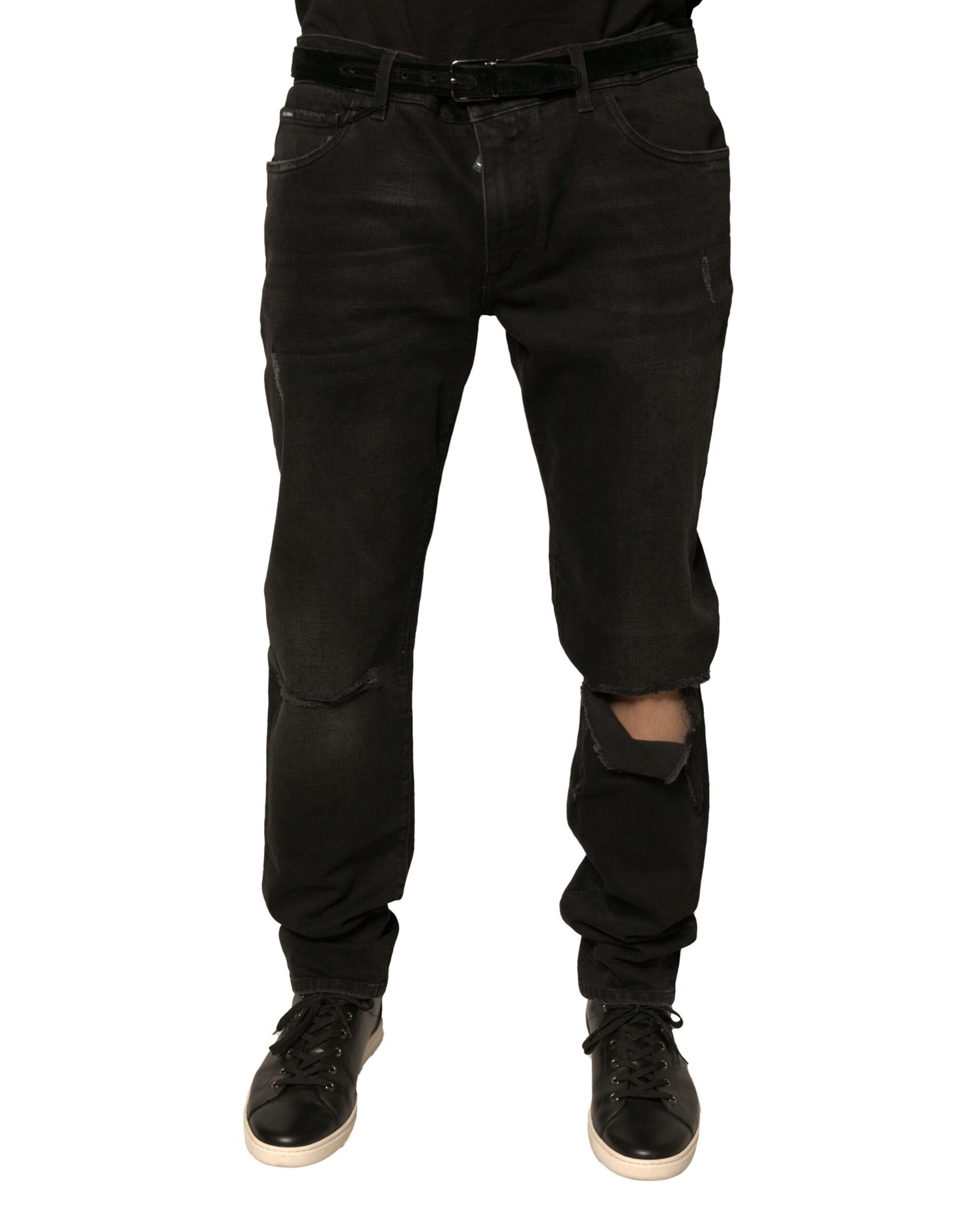 Jeans aderenti in denim di cotone con logo strappato nero Dolce & Gabbana