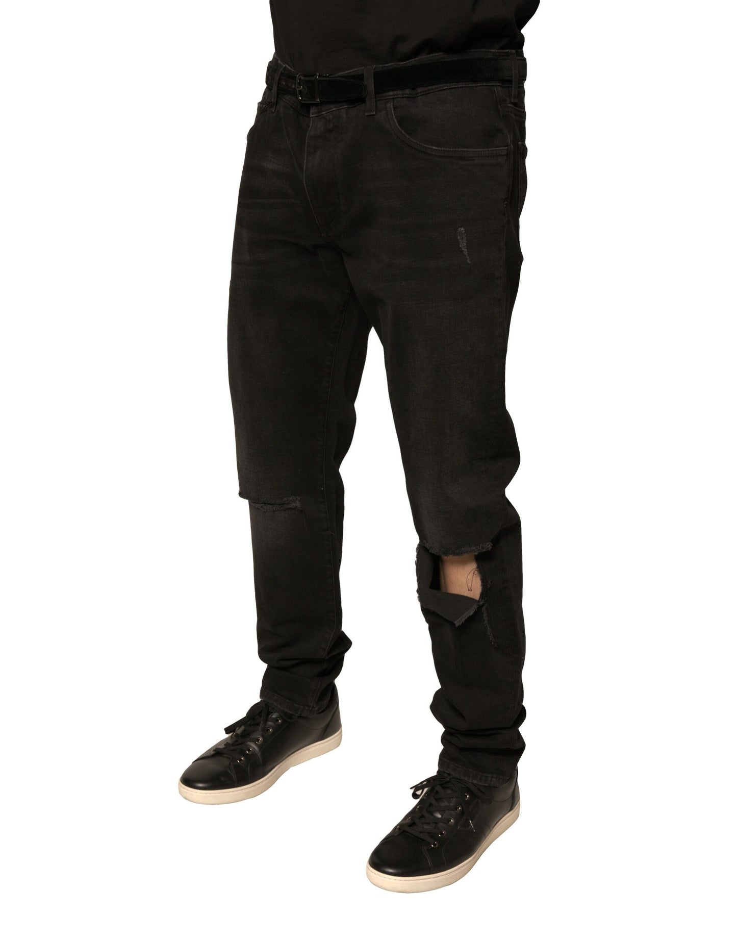 Jeans aderenti in denim di cotone con logo strappato nero Dolce & Gabbana