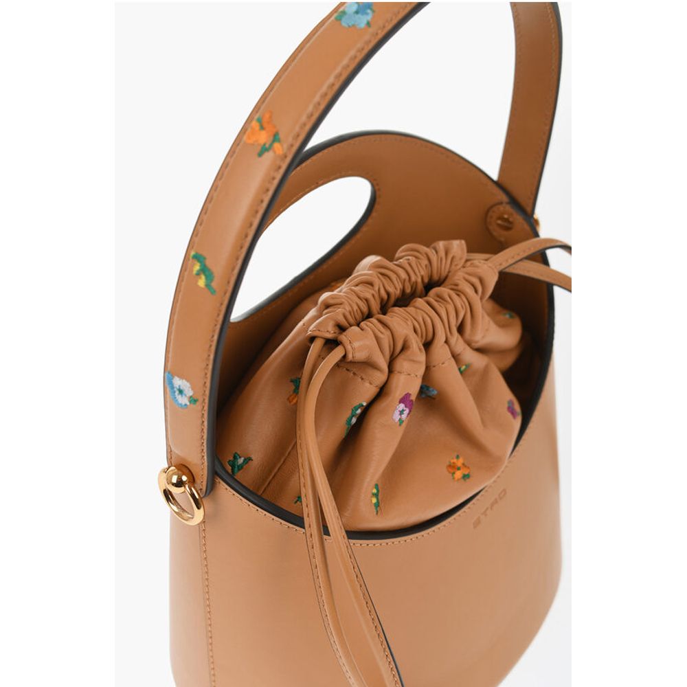 Etro Leather Bucket Bag with Embroidery Flowers