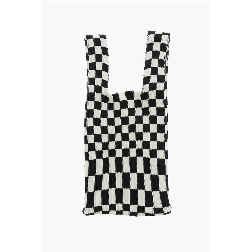 Last Frame Checked Knitted Tote Bag with Faux Leather Shoulder Strap