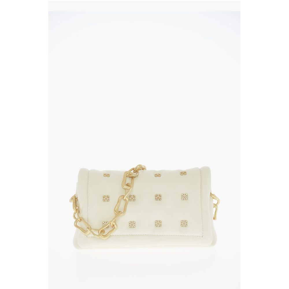 Off-White Leather Shoulder Bag with Iconic Motif in Golden Metal