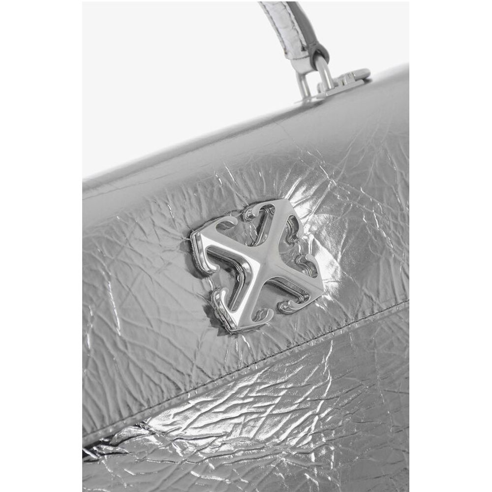Off-White Metallic Leather Handbag with Removable Shoulder Strap