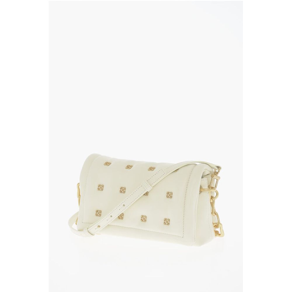 Off-White Leather Shoulder Bag with Iconic Motif in Golden Metal