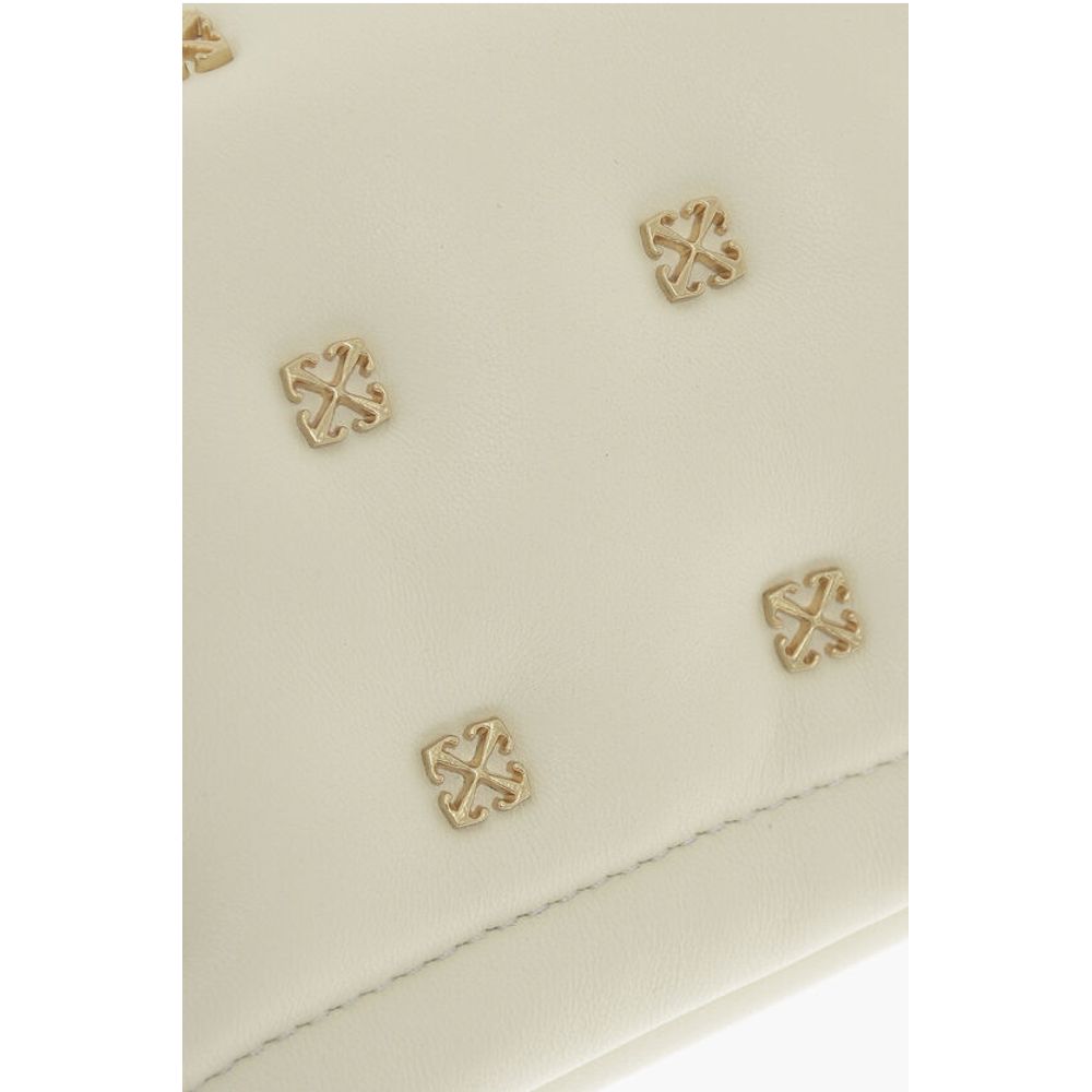 Off-White Leather Shoulder Bag with Iconic Motif in Golden Metal
