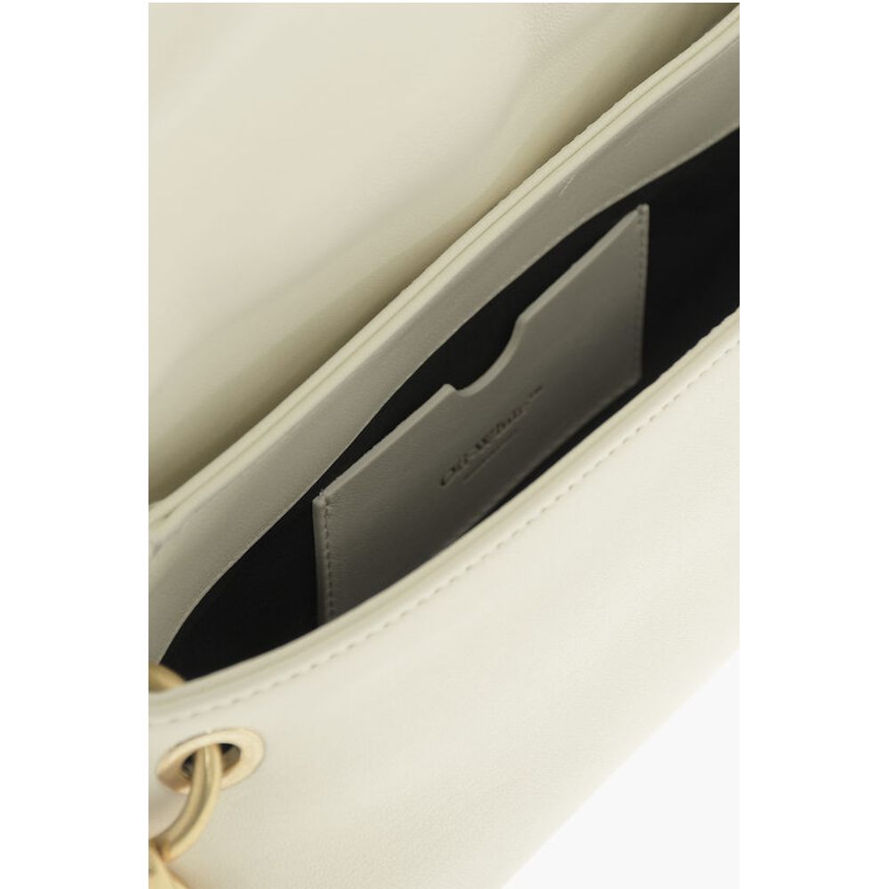 Off-White Leather Shoulder Bag with Iconic Motif in Golden Metal