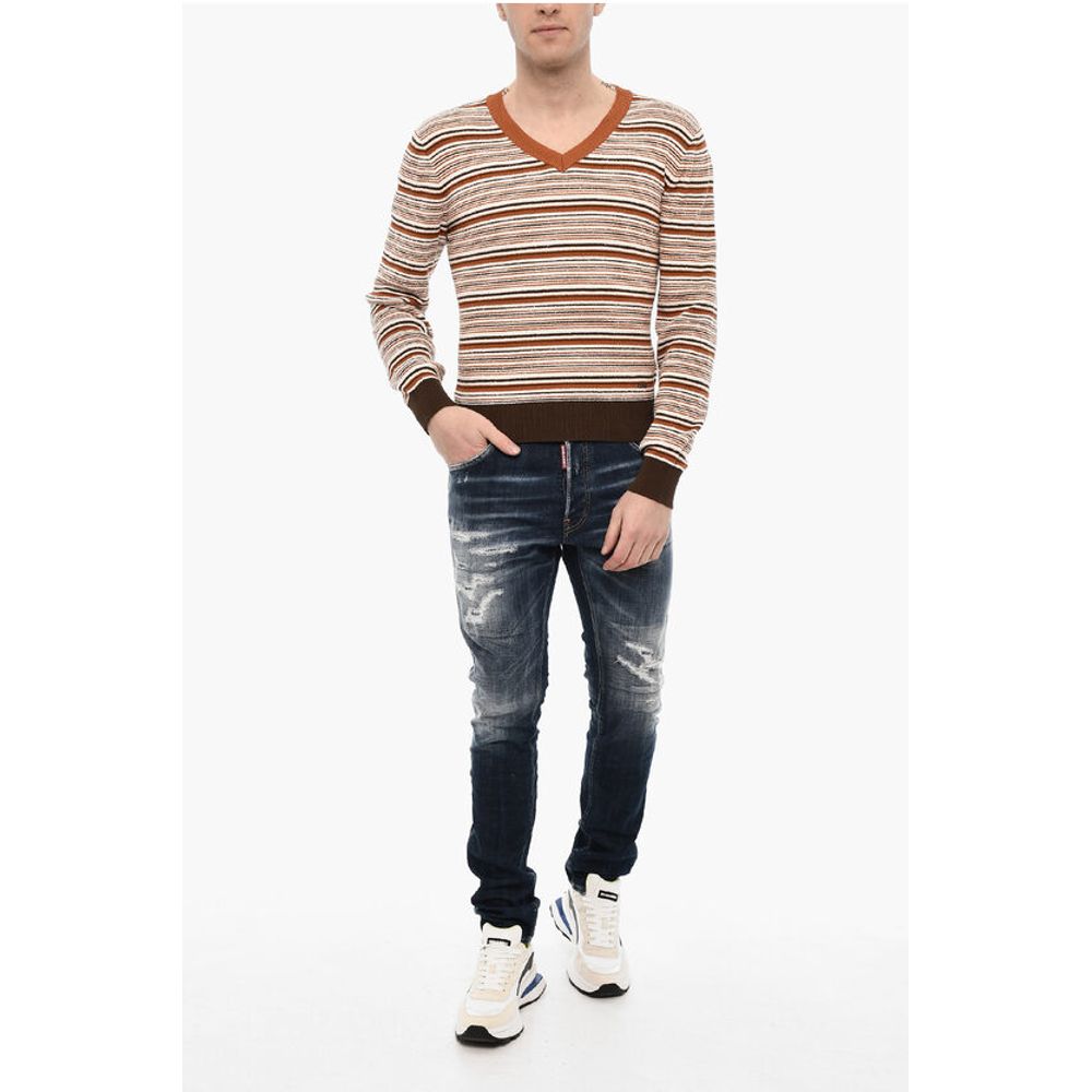 Dsquared² Striped Cotton Blend V-neck Sweater