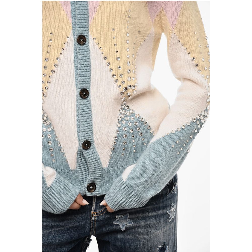 Dsquared² Color Block Virgin Wool Cardigan with Jewels