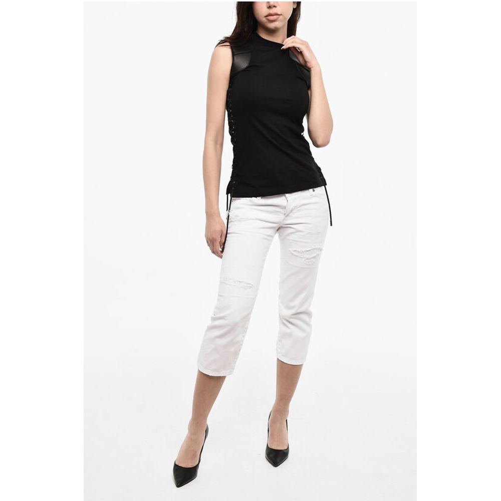 Dsquared² Lace Up Cotton Top With Faux Leather Details