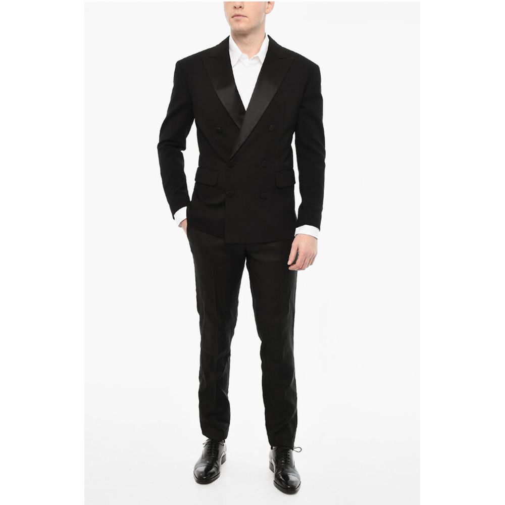 Dsquared² Wool Blend Double Breasted Blazer With Satin Peak Lapel