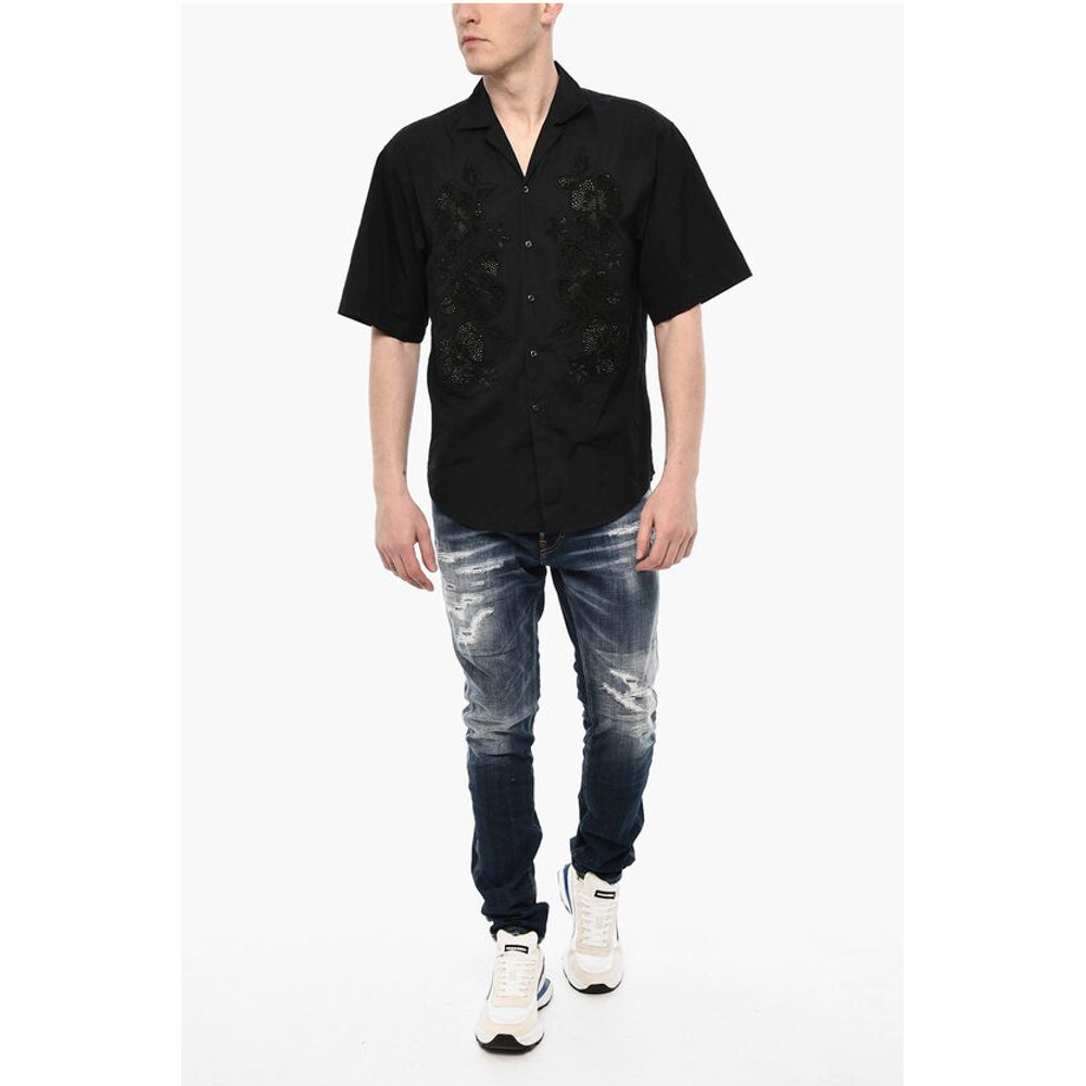 Dsquared² Floral-Motif Short Sleeve Shirt with Rhinestone