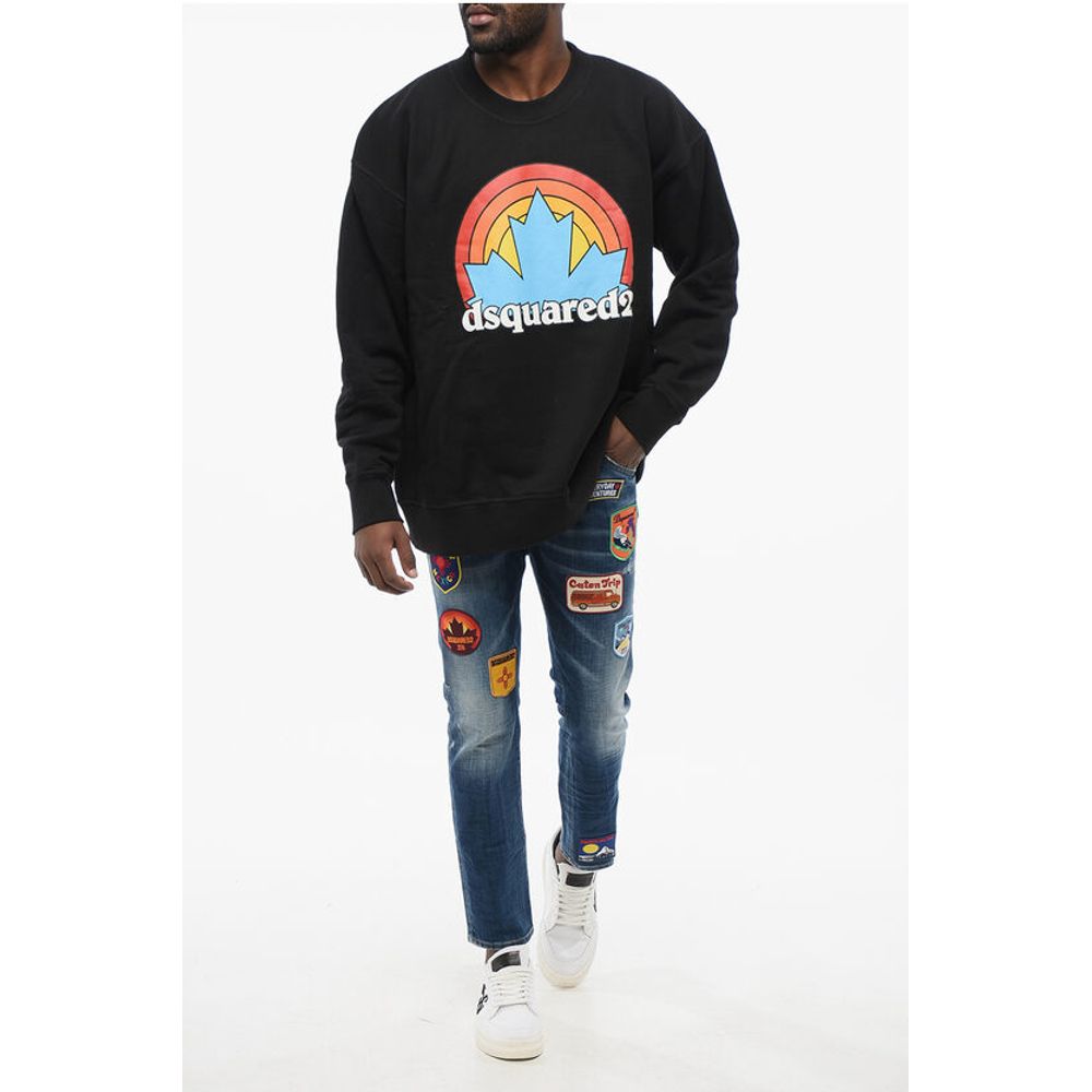 Dsquared² Crew Neck RAINBOW LEAF Fleeced Cotton Sweatshirt