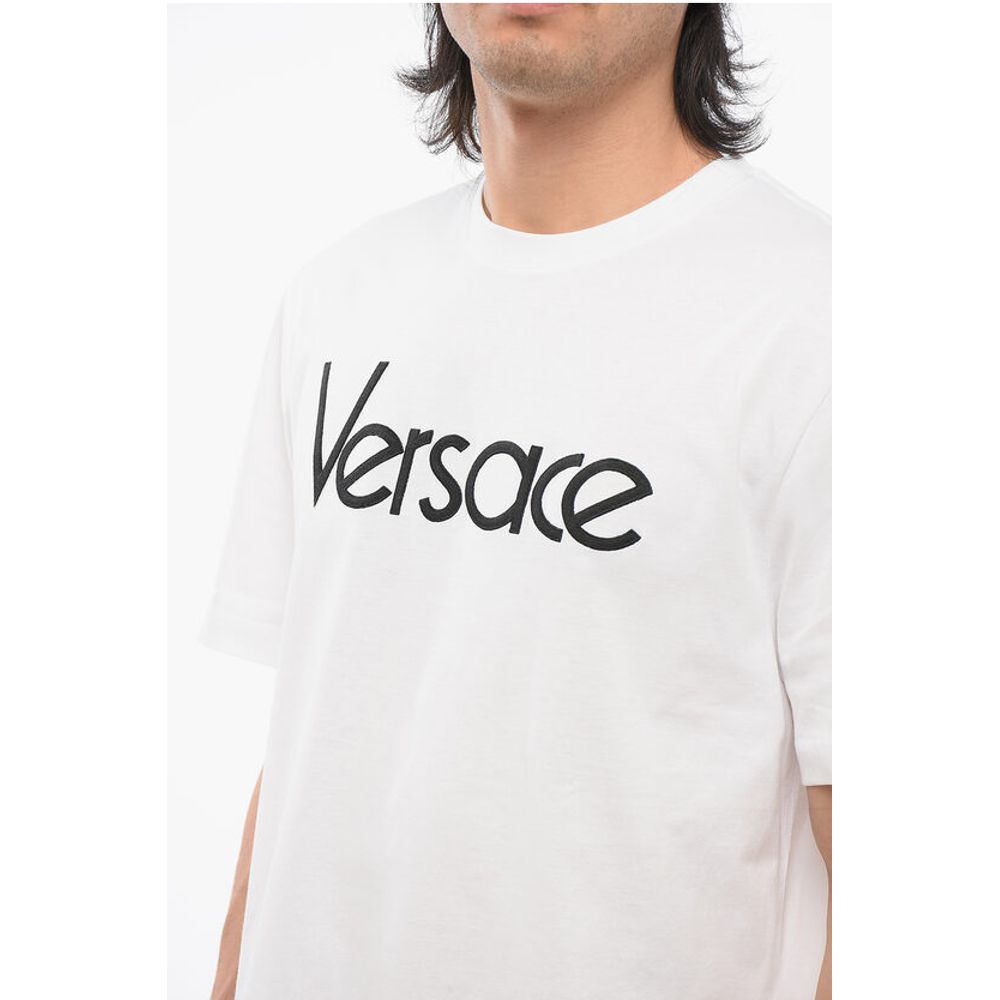 Versace Crew Neck Cotton T-Shirt with Embroidered Logo