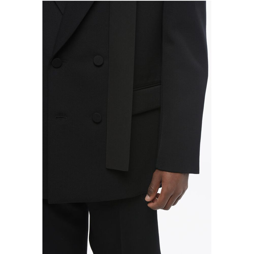 Valentino Double-breasted Virgin Wool Blazer with Tie Detail