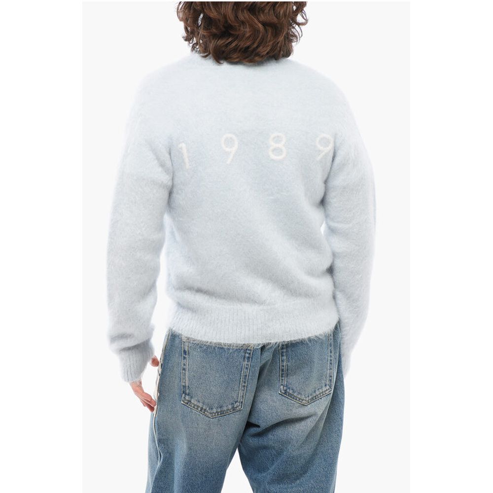 1989 Studio Solid Color V-Neck Fuzzy Cardigan with Embroidered Logo