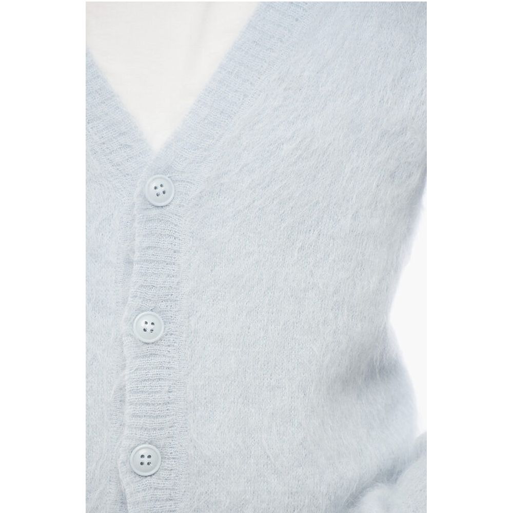1989 Studio Solid Color V-Neck Fuzzy Cardigan with Embroidered Logo
