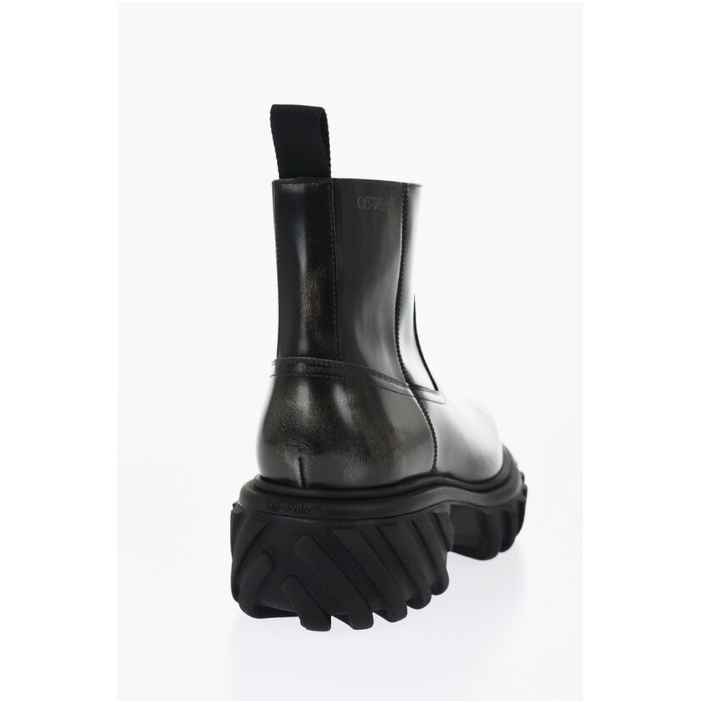 Off-White Leather MOTOR Booties With Embossed Chunky Sole