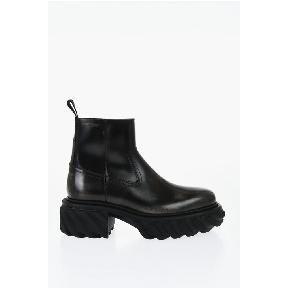 Off-White Leather MOTOR Booties With Embossed Chunky Sole
