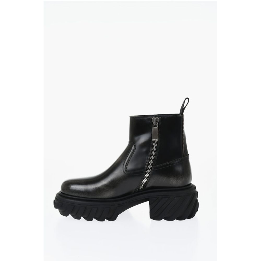 Off-White Leather MOTOR Booties With Embossed Chunky Sole