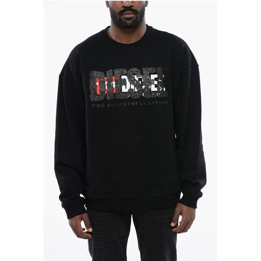 Diesel Solid Color S-NABEL-M Crew-neck Sweatshirt with Cracked Effe