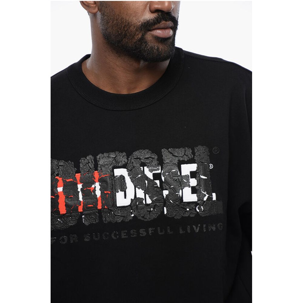 Diesel Solid Color S-NABEL-M Crew-neck Sweatshirt with Cracked Effe