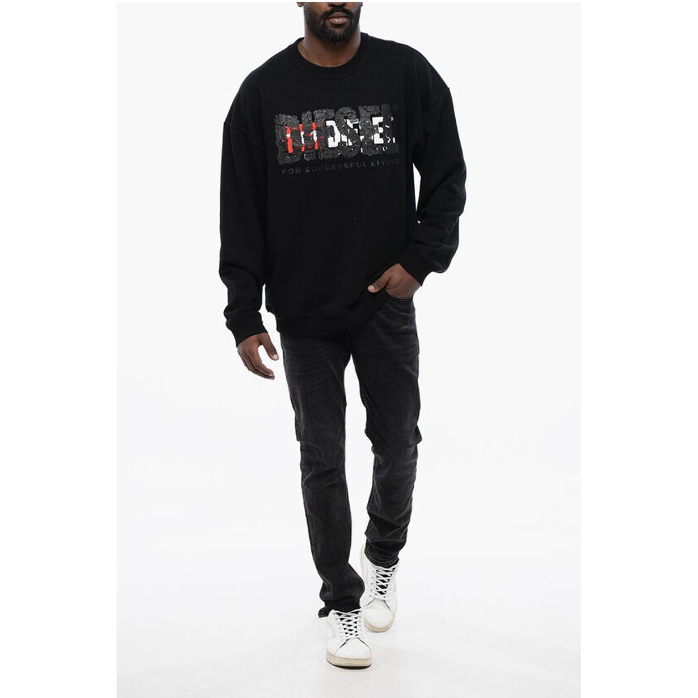 Diesel Solid Color S-NABEL-M Crew-neck Sweatshirt with Cracked Effe