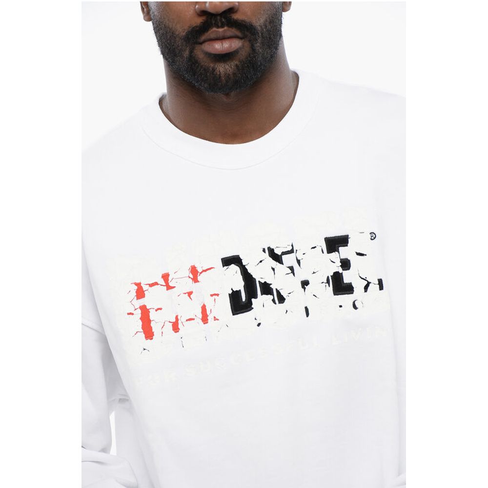 Diesel Solid Color S-NABEL-M Crew-neck Sweatshirt with Cracked Effe