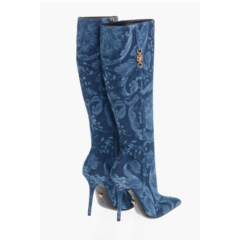 Versace Denim LA GRECA Under the Knee Boots with Stiletto Heel 11cm