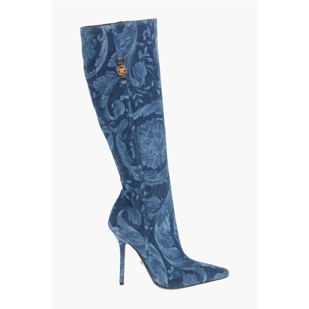 Versace Denim LA GRECA Under the Knee Boots with Stiletto Heel 11cm